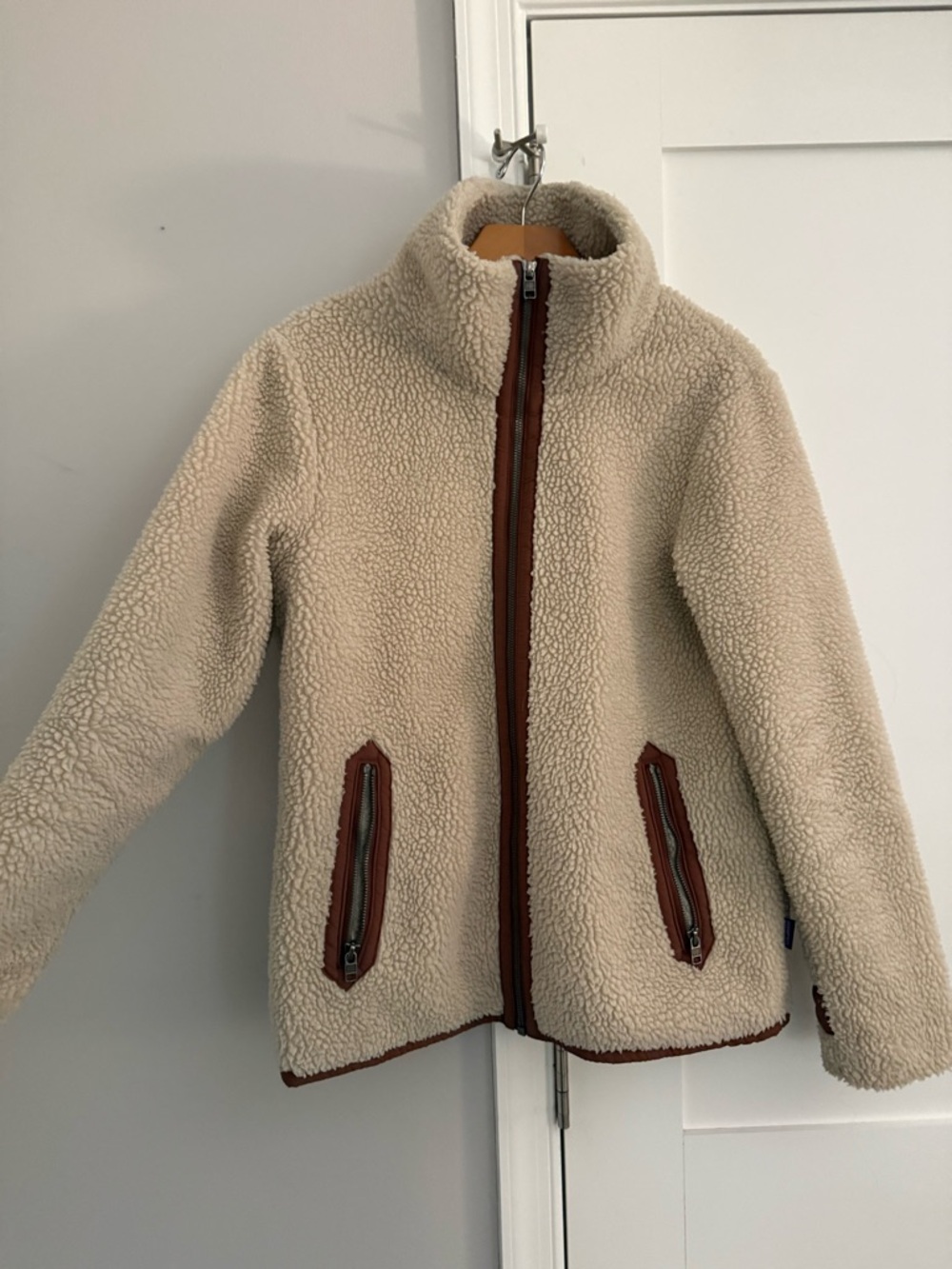 Patagonia Cream Sherpa Jacket with Brown Trim